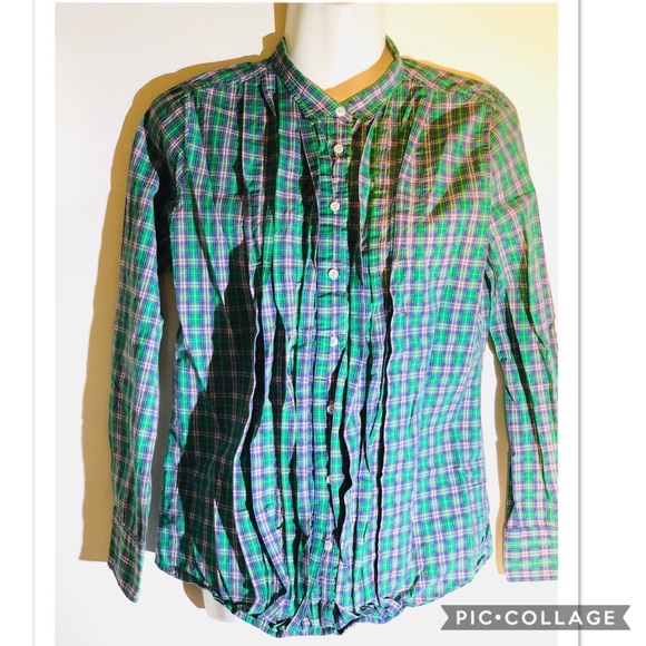 J Crew Gr/Bl plaid ruffle front buttondown size sm - Picture 1 of 8